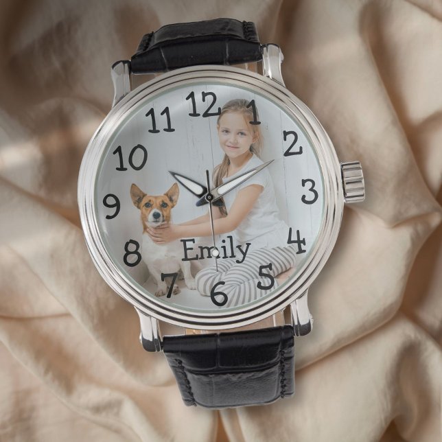 Relógio Nome de Foto Personalizado Moderno (Modern Personalized Photo Name Watch)