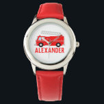 Relógio Nome do Caminhão de Fogo<br><div class="desc">O Fire Truck Name Watch,  projetado pela Enchantfancy Design Company,  apresenta um caminhão vermelho brilhante com uma escada. Personalize com sua escolha de nome em texto vermelho brilhante.</div>