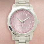 Relógio Nome do Monograma da Lâmina Rosa Bruta de Metal Gl<br><div class="desc">Personalize facilmente este design de relógio chic moderno com brilho bonito rosado e rosado em um fundo metálico roxo e pincelado.</div>