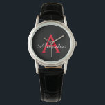 Relógio Nome do Monograma da Rapariga do Script Preto Verm<br><div class="desc">Monitor de Nome do Monograma Simples Preto e Vermelho. Isso faz a formatura perfeita,  aniversário,  casamento,  chá de panela,  aniversário,  chá de fraldas ou presente de festa de solteira para alguém que ama luxo de vidro e estilos quíticos.</div>