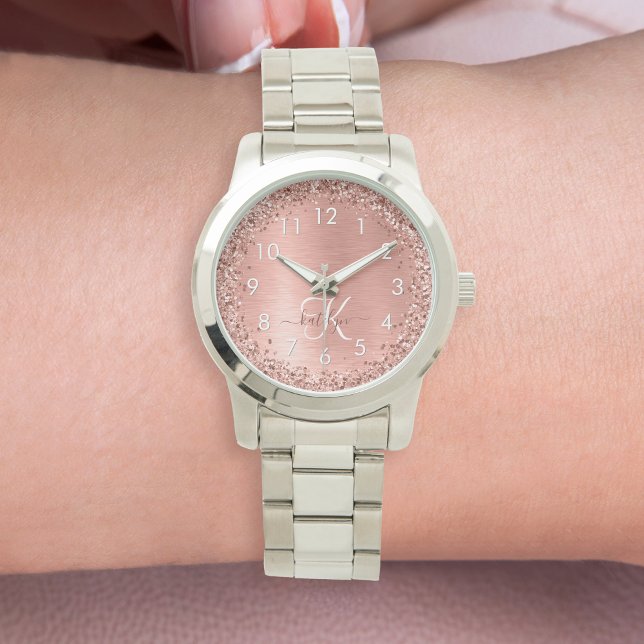 Relógio Nome do Monograma do Glitter Metálico Brutado Dour (Add some sparkle to your wrist with this rose gold glitter watch personalized with your monogram.)