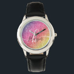 Relógio Nome do Monograma do Rainbow Glitter<br><div class="desc">Adicione um splash de cor ao seu relógio com arco-íris brilhante com um monograma e um nome de script. Personalize com seu nome, monograma, inicial ou texto. Você pode alterar a cor do texto e o estilo da fonte usando a opção personalizá-lo. Por favor, note que o brilho é um...</div>