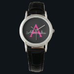 Relógio Nome do Monograma Girly Black Script Hot-Pink<br><div class="desc">Monitorização de Nome de Script Simples Preto e Rosa Quente. Isso faz a formatura perfeita,  aniversário,  casamento,  chá de panela,  aniversário,  chá de fraldas ou presente de festa de solteira para alguém que ama luxo de vidro e estilos quíticos.</div>