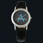 Relógio Nome do Monograma Girly de Script Preto Azul<br><div class="desc">Monitorização de Nome do Script Simples Preto e Azul. Isso faz a formatura perfeita,  aniversário,  casamento,  chá de panela,  aniversário,  chá de fraldas ou presente de festa de solteira para alguém que ama luxo de vidro e estilos quíticos.</div>