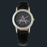 Relógio Nome do Monograma Girly de Script Preto Roxo<br><div class="desc">Controle de Nome do Monograma Simples de Script Preto e Roxo. Isso faz a formatura perfeita,  aniversário,  casamento,  chá de panela,  aniversário,  chá de fraldas ou presente de festa de solteira para alguém que ama luxo de vidro e estilos quíticos.</div>