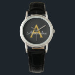 Relógio Nome do Monograma Rapariga de Script Moderno Doura<br><div class="desc">Monitorização de Nome do Monograma Simples Preto e Dourado. Isso faz a formatura perfeita,  aniversário,  casamento,  chá de panela,  aniversário,  chá de fraldas ou presente de festa de solteira para alguém que ama luxo de vidro e estilos quíticos.</div>