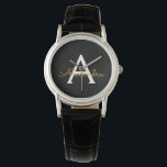 Relógio Nome do Monograma Rapariga de Script Moderno Doura<br><div class="desc">Monitorização de Nome do Monograma Simples Preto e Dourado. Isso faz a formatura perfeita,  aniversário,  casamento,  chá de panela,  aniversário,  chá de fraldas ou presente de festa de solteira para alguém que ama luxo de vidro e estilos quíticos.</div>