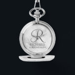 Relógio Nome e monograma do Padrinho de casamento personal<br><div class="desc">Presentes personalizados de Padrinho de casamento preto e branco legantes que apresentam um monograma personalizado no estilo de letra de script elegante da cinza com o nome do padrinho de casamento e o título no estilo de letra serif clássico no fundo de mármore branco. Perfeito também para o melhor homem,...</div>