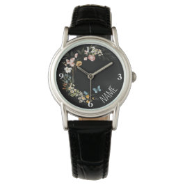 Relógio Nome, Elegante Holandês Florals Black Leather Wome