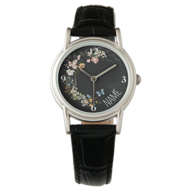 Relógio Nome, Elegante Holandês Florals Black Leather Wome (Frente)