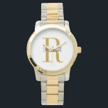 Relógio Nome Inicial de Monograma de Ouro Personalizado<br><div class="desc">Relógio personalizado com o seu nome e monograma único. Clique em Personalizar para editar fontes e cores ou adicionar seu próprio texto e imagens para criar um presente único. Fácil de personalizar. Adquira o seu hoje!</div>