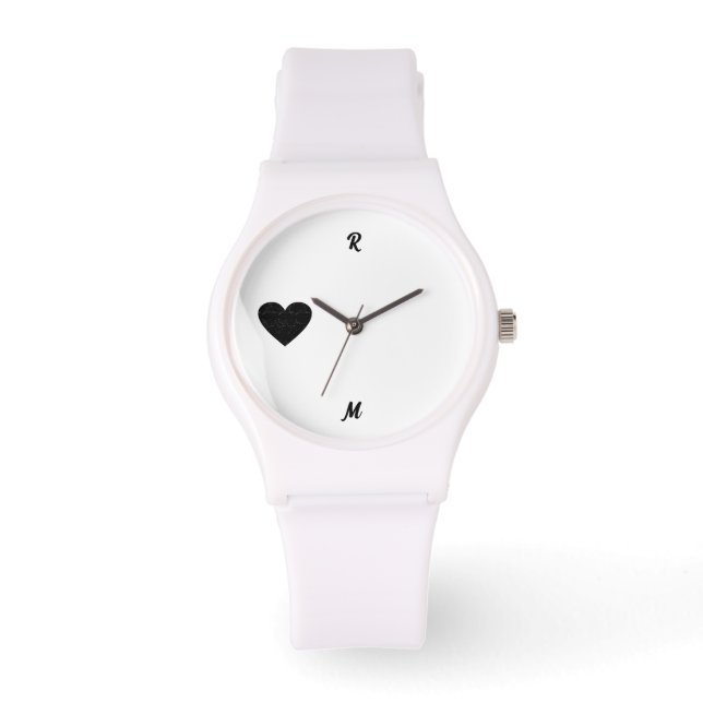 Relógio Nome inicial personalizado Silhuette Black Heart (Frente)