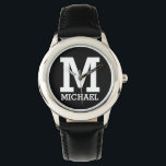 Relógio Nome personalizado e KIs de texto em negrito monog<br><div class="desc">Nome Personalizado e Crianças de Texto Negrito com Monograma em Black and Silver Watch.</div>
