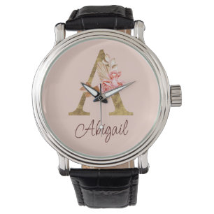 Relógio Nome Personalizado Folha de Ouro Blush Rosas Rosa 