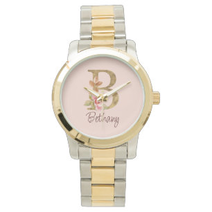 Relógio Nome Personalizado Folha de Ouro Blush Rosas Rosa