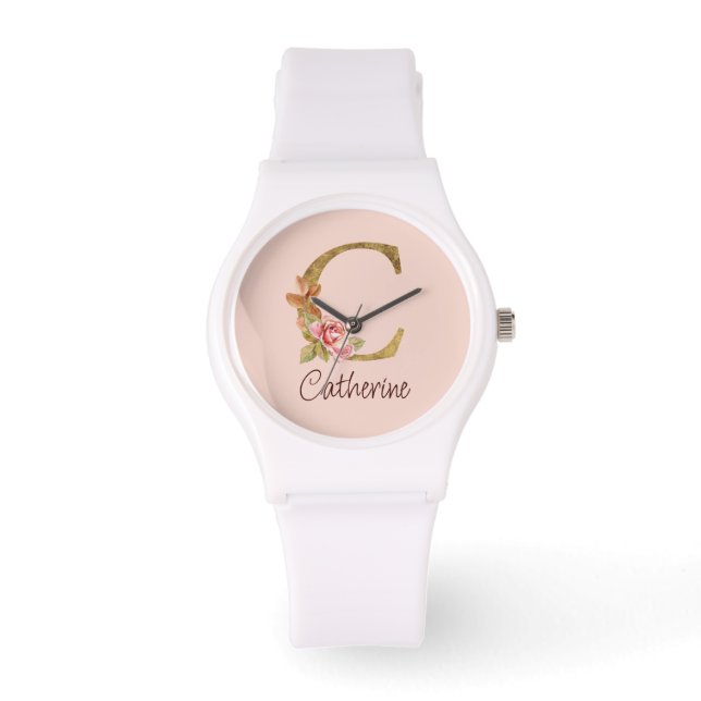 Relógio Nome Personalizado Folha de Ouro Rosa Cor-de-Rosa  (Frente)