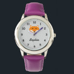 Relógio Nome personalizado fox, fox, mulheres roxas assist<br><div class="desc">Meninas roxas personalizadas assistem com raposa vermelha fofa. Relógios de pulso personalizáveis para crianças. Aniversário feminino ou ideia de presente de Natal para meninas. Design de vetor animal florestal. Faça o seu para a filha, neta, netos etc. Adicione o seu próprio nome personalizado ou letras monográficas de criança. Padrão de...</div>