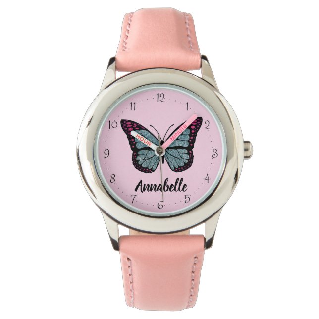 Relógio Nome Personalizado Glitter Butterfly Pink Kids (Frente)