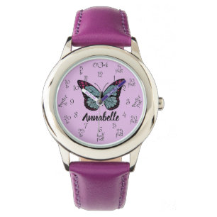 Relógio Nome Personalizado Glitter Butterfly Roxo Kids Apr