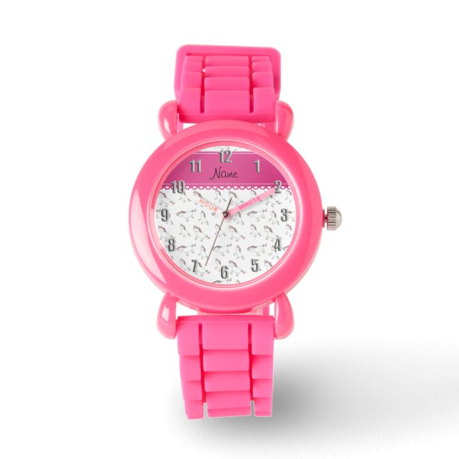 Relógio Nome personalizado unicórnios arco-íris brancos (Frente)