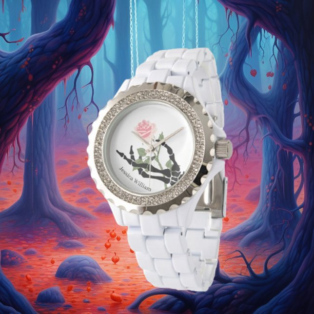 Relógio Nome pessoal Skull Hand Floral Watch (Criador carregado)
