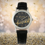 Relógio nome preto das notas de música Dourada<br><div class="desc">Simples e elegante para um amante ou músico! Fundo preto com notas falsas de ouro. Modelo para o seu nome,  cartas de ouro. Números de relógio do ouro.</div>