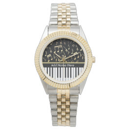 Relógio Notas Musicais e Chaves Pianas Pretas e Douradas