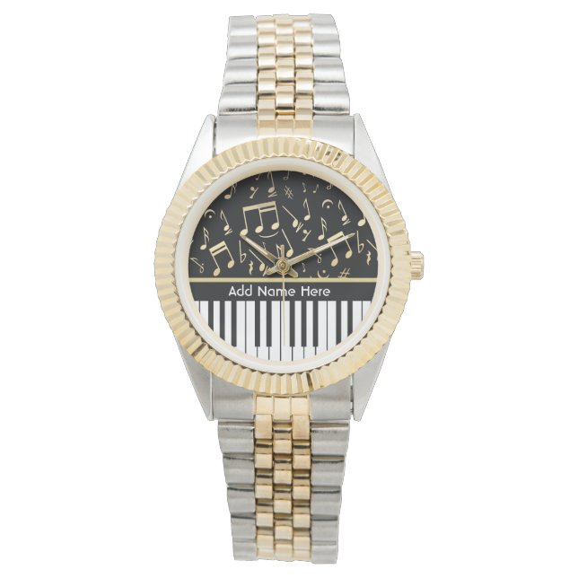Relógio Notas Musicais e Chaves Pianas Pretas e Douradas (Frente)