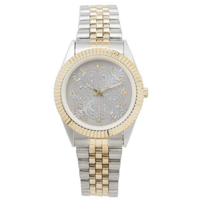 Relógio Numerações Romanas de ornamentado Silver em relevo (Frente)