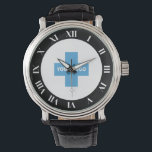 Relógio Numerações romanas em preto branco Seu logotipo<br><div class="desc">Vigia o pulso personalizado com números roman brancos em negrito contra uma borda preta ao redor do seu logotipo.</div>