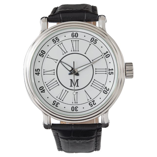 Relógio Numeral Romano Branco E Preto, 60 Minutos Monogram (Frente)