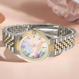 Relógio Nuvens de Aquarelas Nome do Monograma Dourado Pret