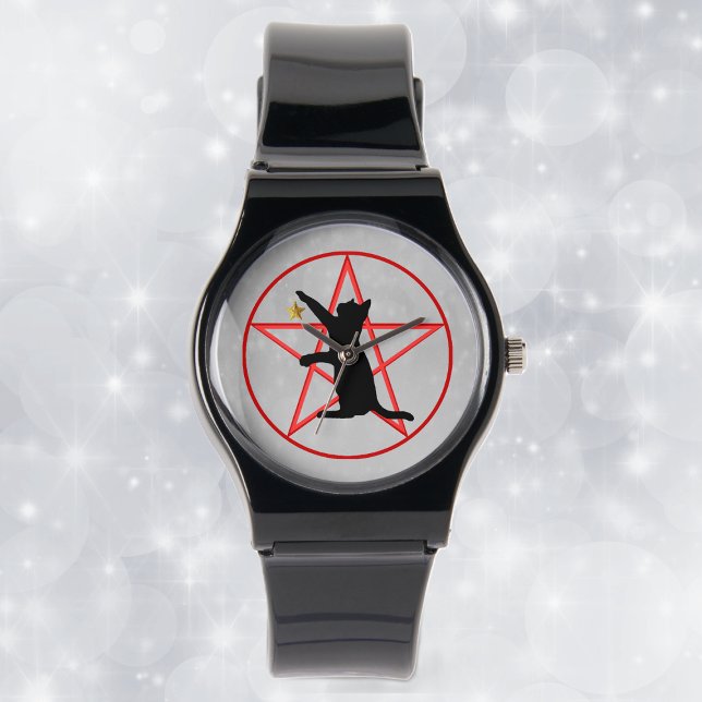 Relógio O Gato Negra de Bruxa a Atingir a Estrela Vermelha (Black Cat reaching for gold star on light grey with red pentagram and circle on black ladies watch.)