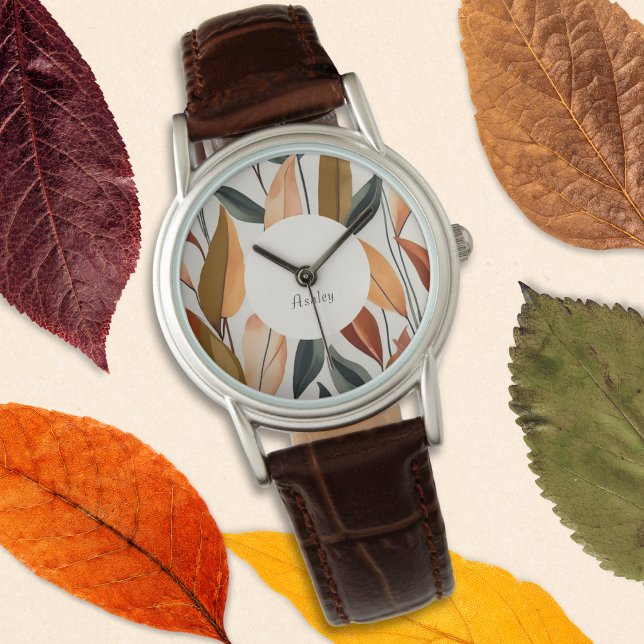 Relógio O outono do outono deixa a natureza com o nome per (A stylish watch with Autumn leaves design in orange, green, brown and yellow)
