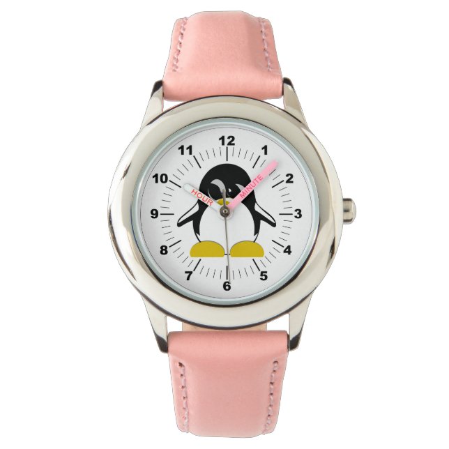 Relógio O Penguin Pink Leather Strap da Criança (Frente)