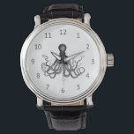 Relógio Octopus preto no branco<br><div class="desc">Este relógio apresenta uma ilustração vintage de um polvo em preto sobre um fundo branco. Faz um presente de excelente para o aniversário de Dia de os pais ou Pai!</div>