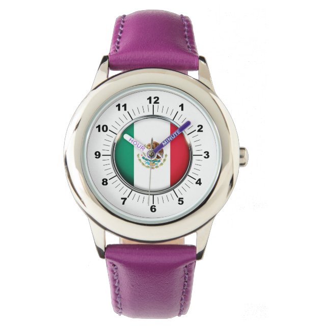 Relógio Olhal de couro roxo com bandeira mexicana (Frente)