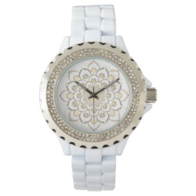 Relógio Ouro Elegante e Flor de Mandala White Dot (Frente)
