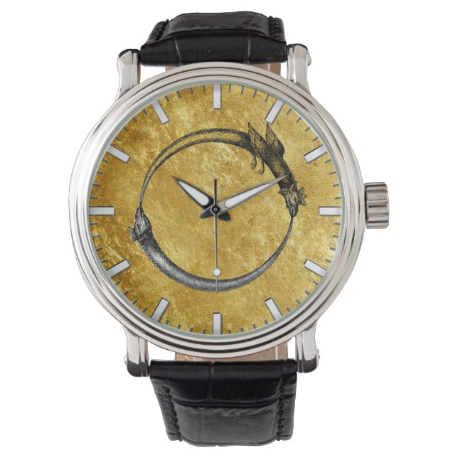 Relógio Ouroboros Cobra e Dragão Dourado Folha (Frente)