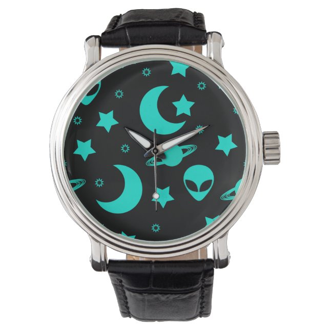 Relógio Padrão de Alien Turquesa com Estrelas e Luas (Frente)