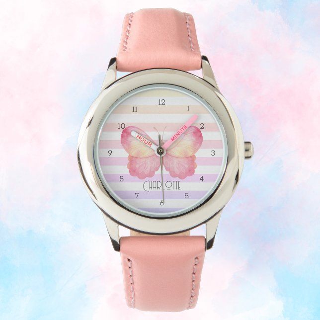 Relógio Padrão de Charme do Pastel de Borboleta (Personalized Girly Kids Watch with Butterfly)