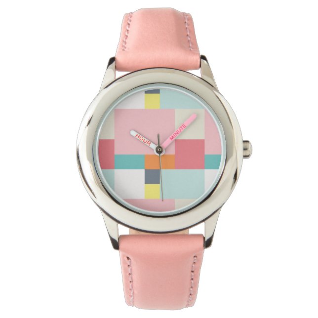 Relógio padrão de cor feliz - rosa, turquesa, laranja, (Frente)