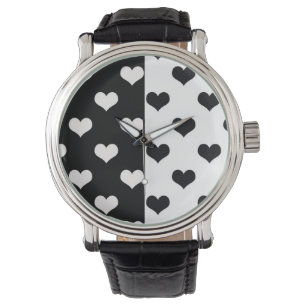 Relógio Padrão de Coração de Amor Branco Negro