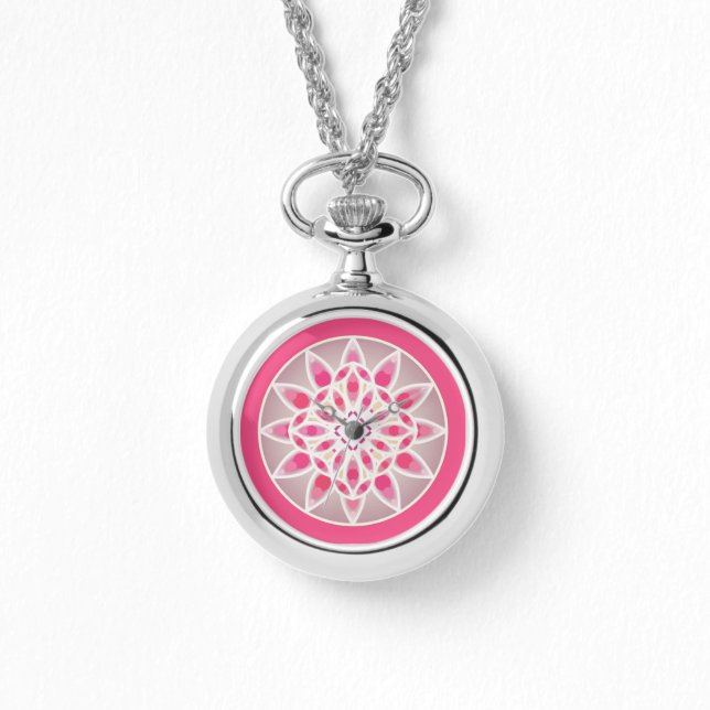 Relógio Padrão de Mandala em cor rosa, branco e cinza fuch (Frente)
