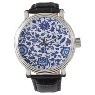 Relógio Padrão floral azul-marinho chinês em branco