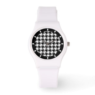 Relógio Padrão Houndstooth Elegante Clássico Preto e Branc