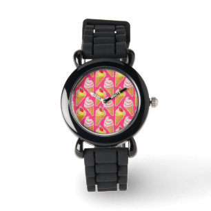 Relógio Padrão rosa Kawaii com sorvete de morango