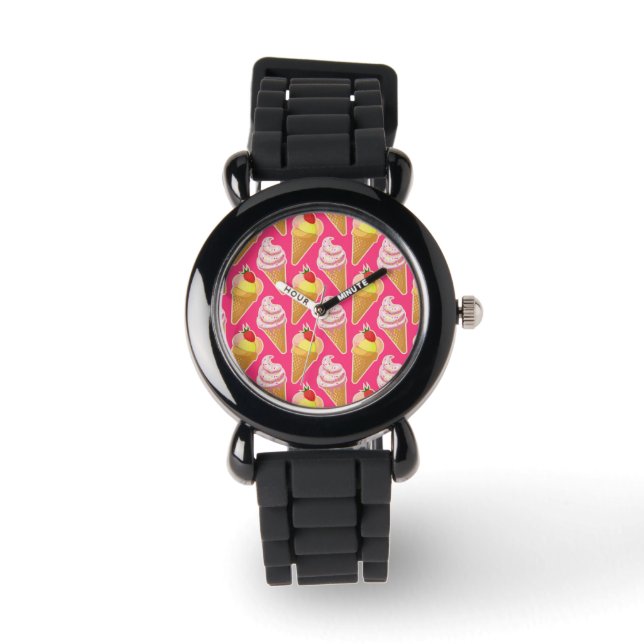Relógio Padrão rosa Kawaii com sorvete de morango (Frente)