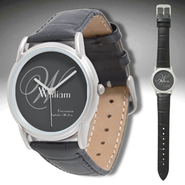 Relógio Padrinho de casamento De Casamento Dando Um Monogr (Great Groomsman Gift! Modern Monogram, Name, Date Cool Black Silver Leather Customized Sports Watch.)