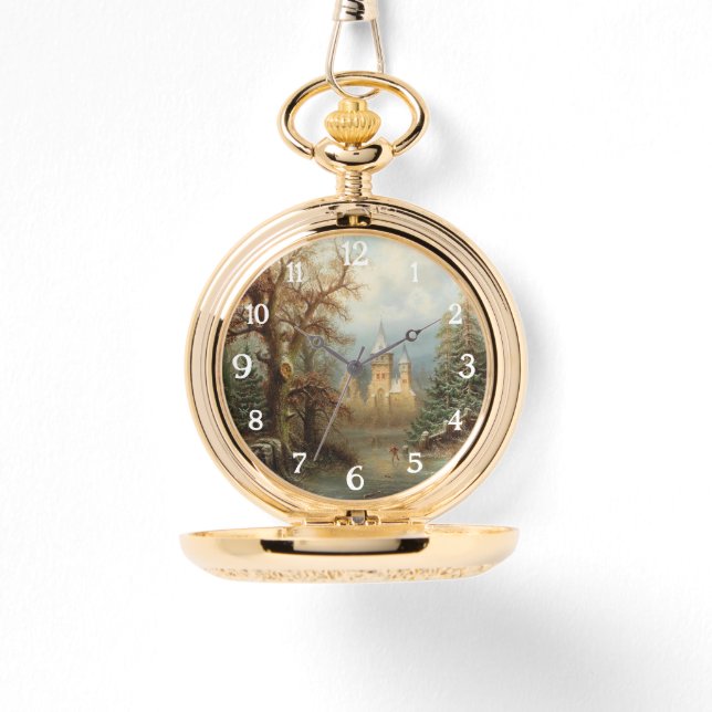 Relógio Paisagem Romântica de inverno com Patinadores de G (Frente)